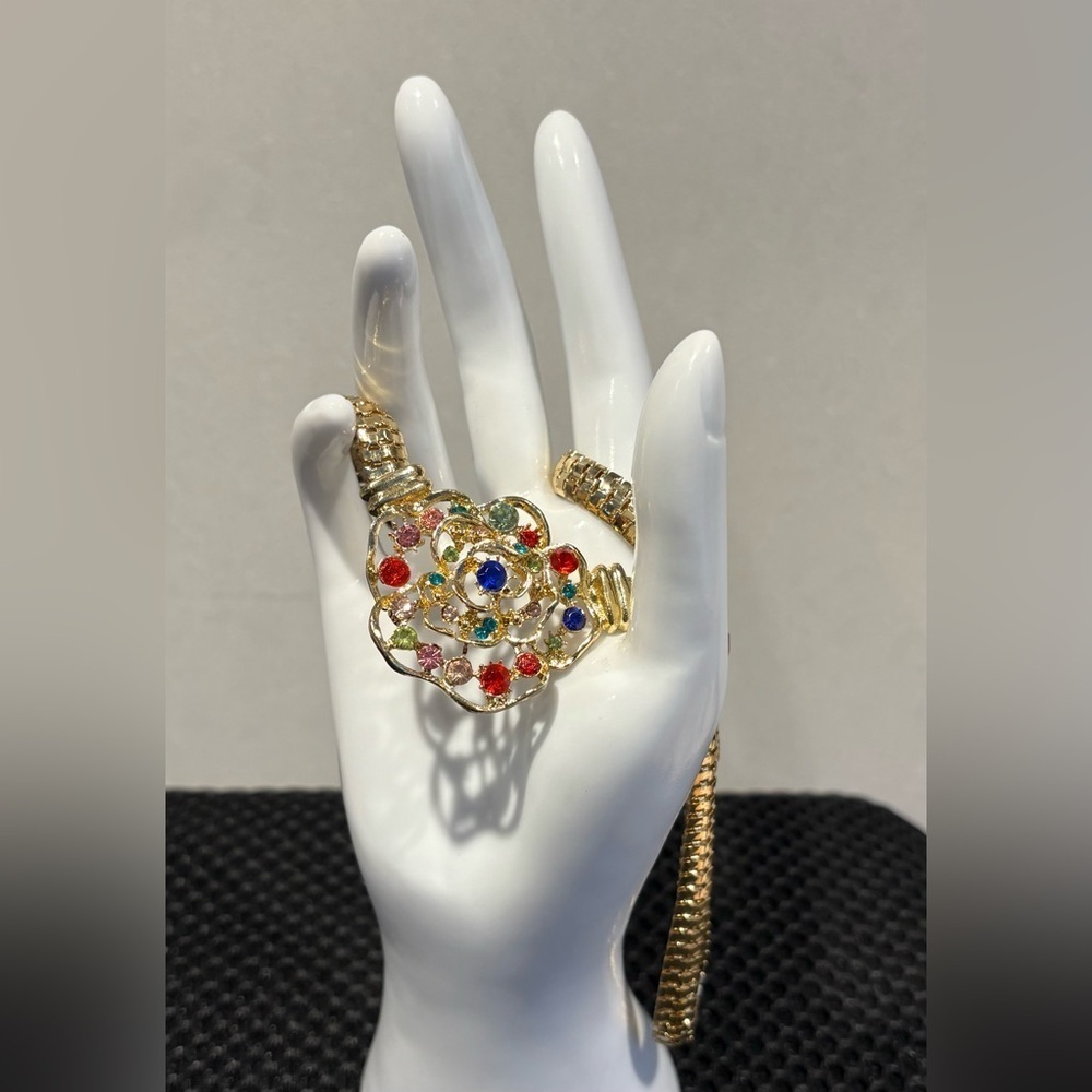 Vintage Gold Tone Statement Necklace Multi Color Rhinestone Rose Flower Collar - Picture 5 of 9